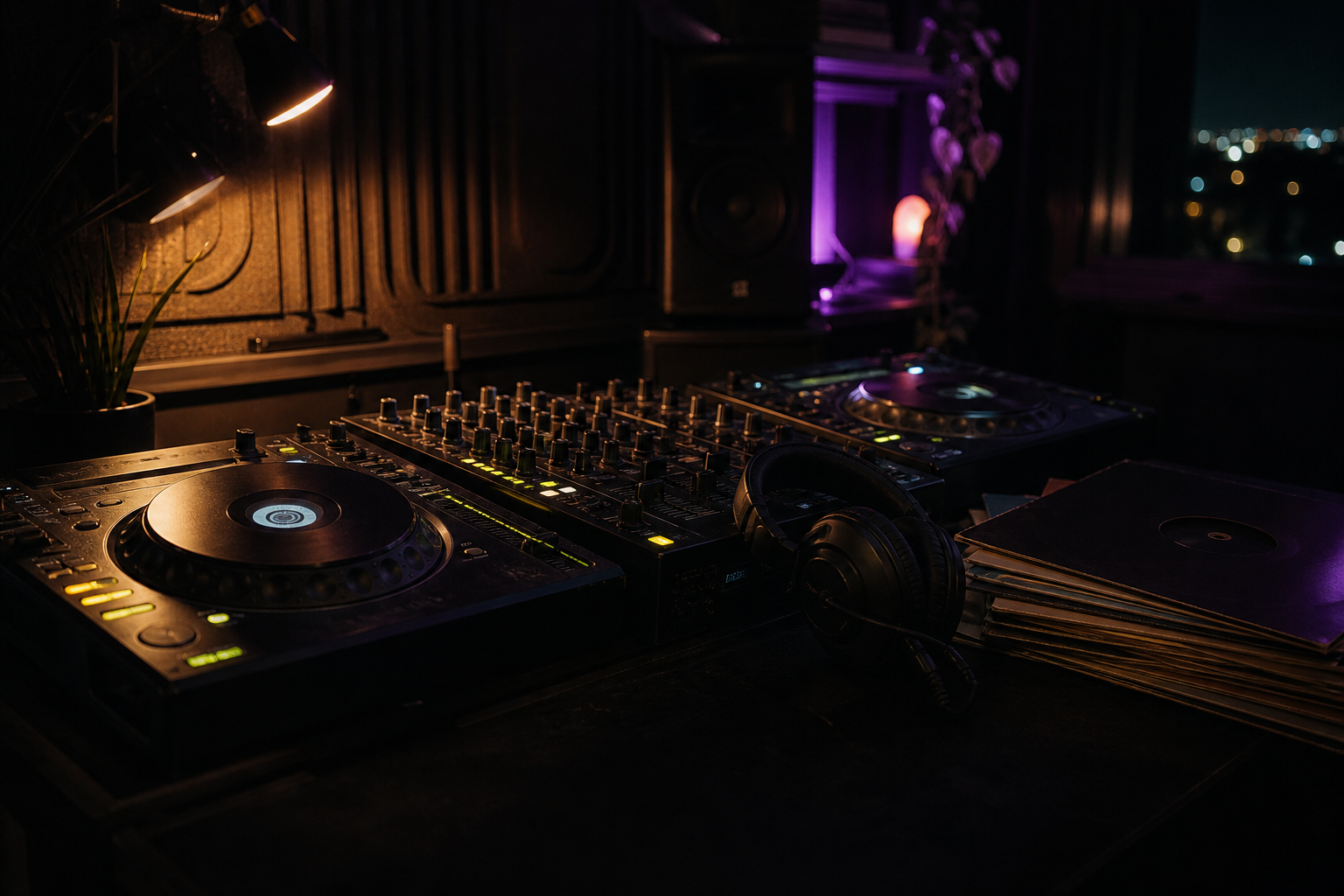 Mezclador, reproductores y audífonos en una cabina de DJ