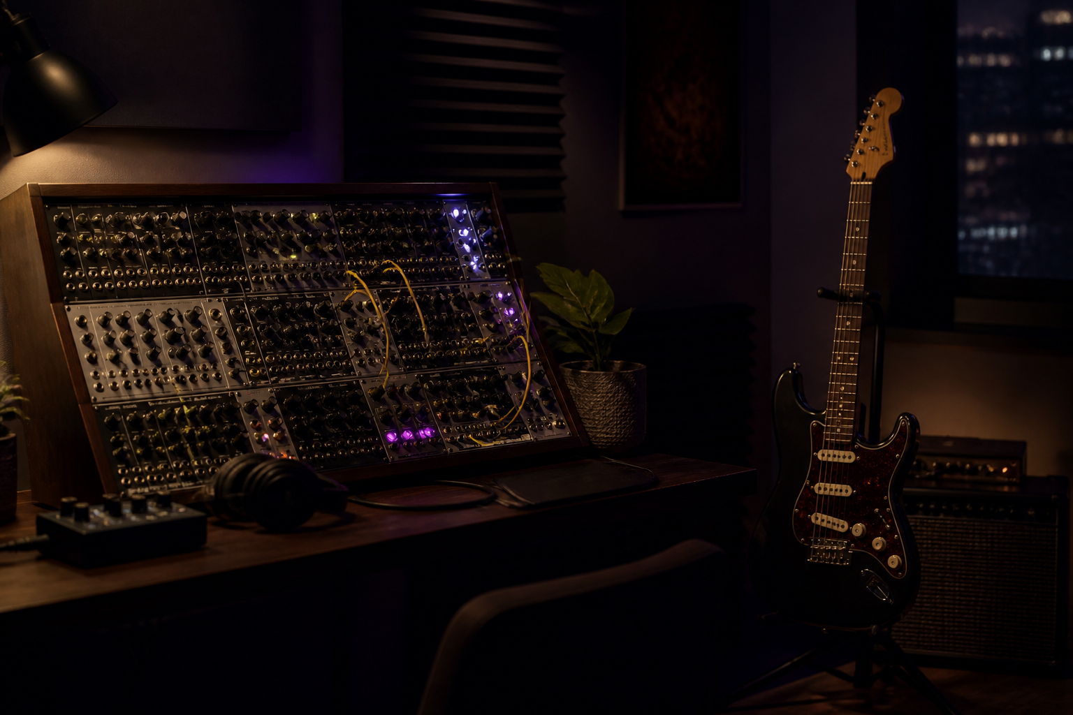 Sistema Eurorack y guitarra eléctrica en un estudio oscuro