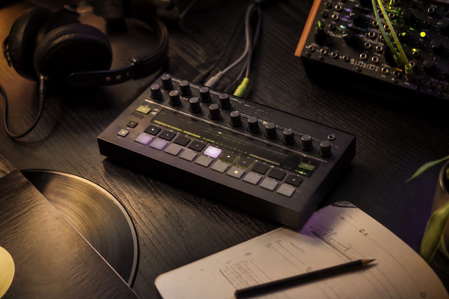 Groovebox, sintetizador modular, audífonos y notas de producción sobre una mesa de estudio